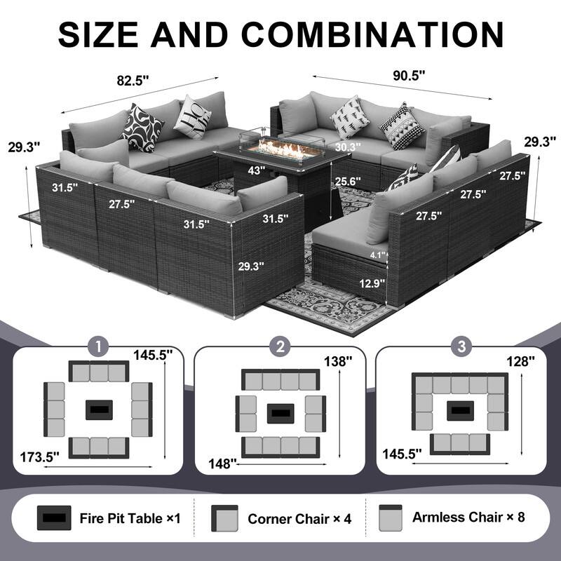 FINCATI Outdoor Grey Wicker Sectional Furniture Patio Sofa Set with Firepit Table
