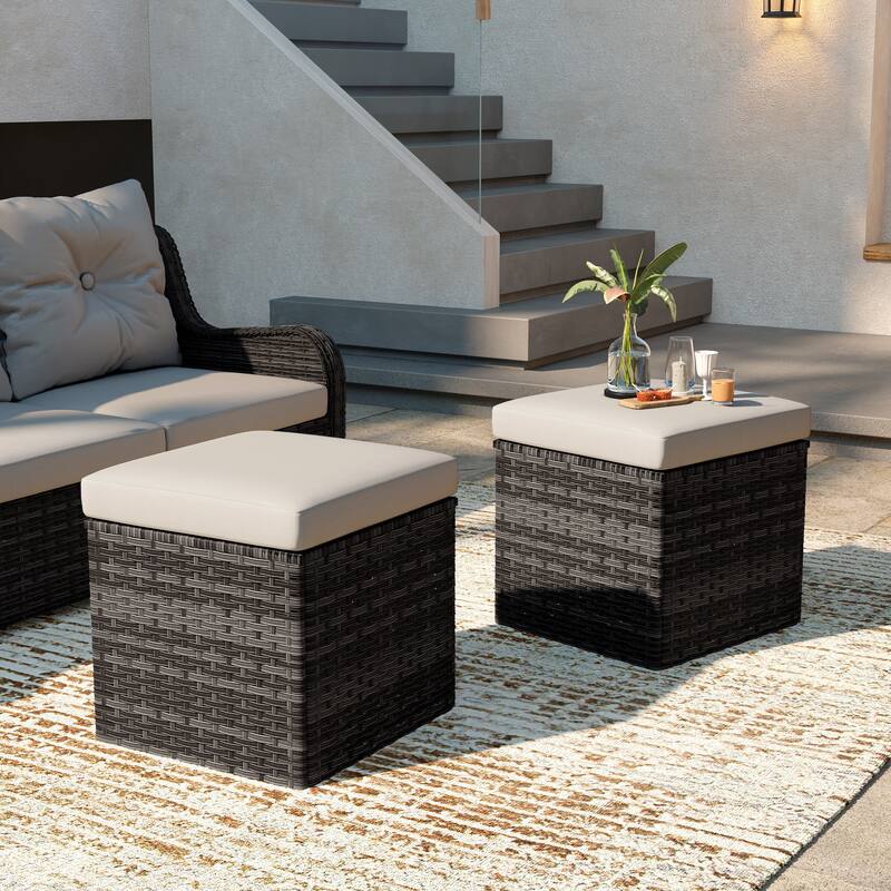 Outdoor Wicker Square Storage Ottoman with Plush Cushion(Set of 2) - GreyBase-Khaki