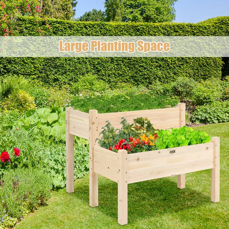 2-Tier Raised Garden Bed with Fir Wood and Drainage Holes for Plants - 34" x 33.5" x 28.5" (L x W x H)