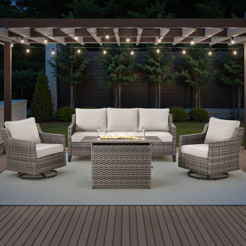 Pocassy 4 Pieces Outdoor Sofa Siwvel Chair w/ Fire Pit Table - Beige Cushion Gray Wicker - 4-Piece Sofa Siwvel Chair w/ Fire Pit Table