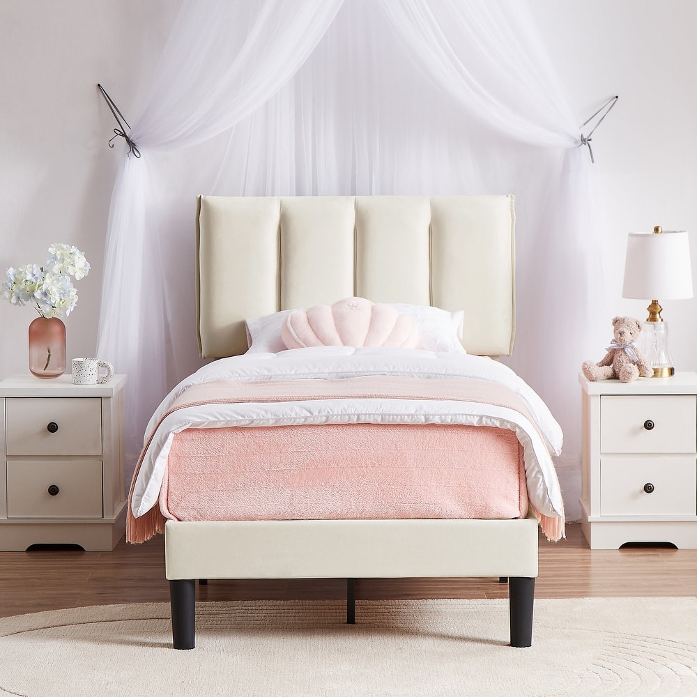 VECELO Beige Tufted Upholstered Platform Bed Frame with Adjustable Height Headboard-Twin/Full/Queen Size Beds