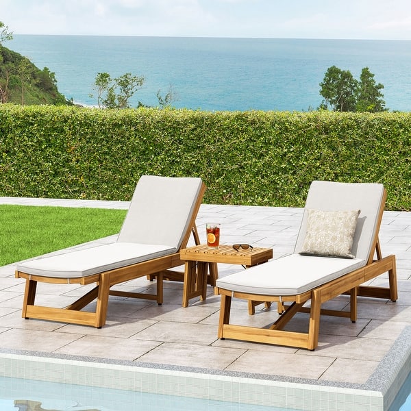 slide 2 of 44, Kyoto Outdoor Acacia Wood 3 Piece Chaise Lounge Set with Water-Resistant Cushions by Christopher Knight Home