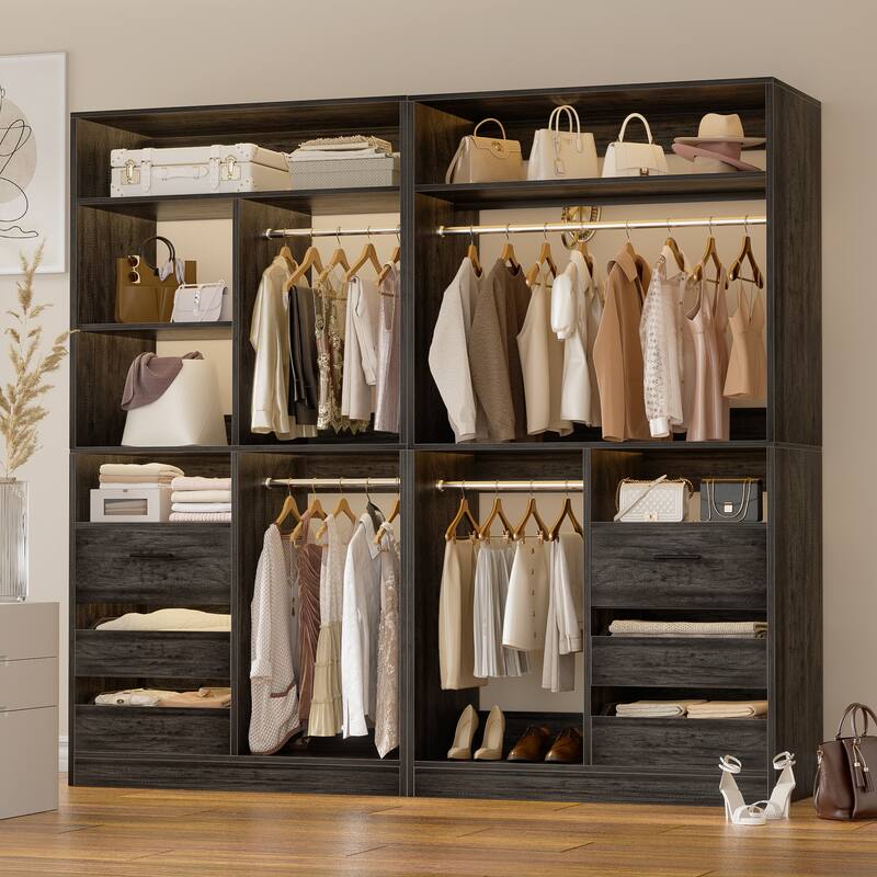 Qvella 72'' Closet System with 6 Wooden Drawers and 4 Hanging Rods, Walk-in Closet Organizer with 10 Storage Shelves