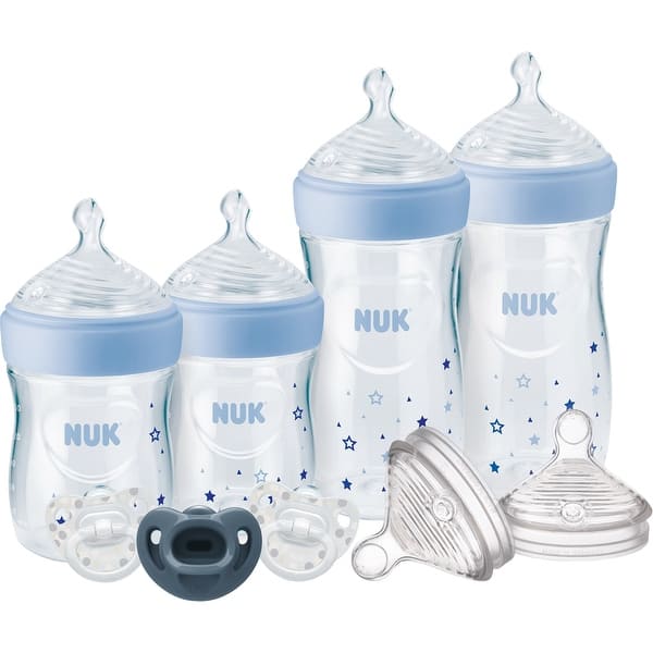 slide 2 of 5, Nuk Simply Natural 9pc Bottle Gift Set w/ SafeTemp, Blue Stars