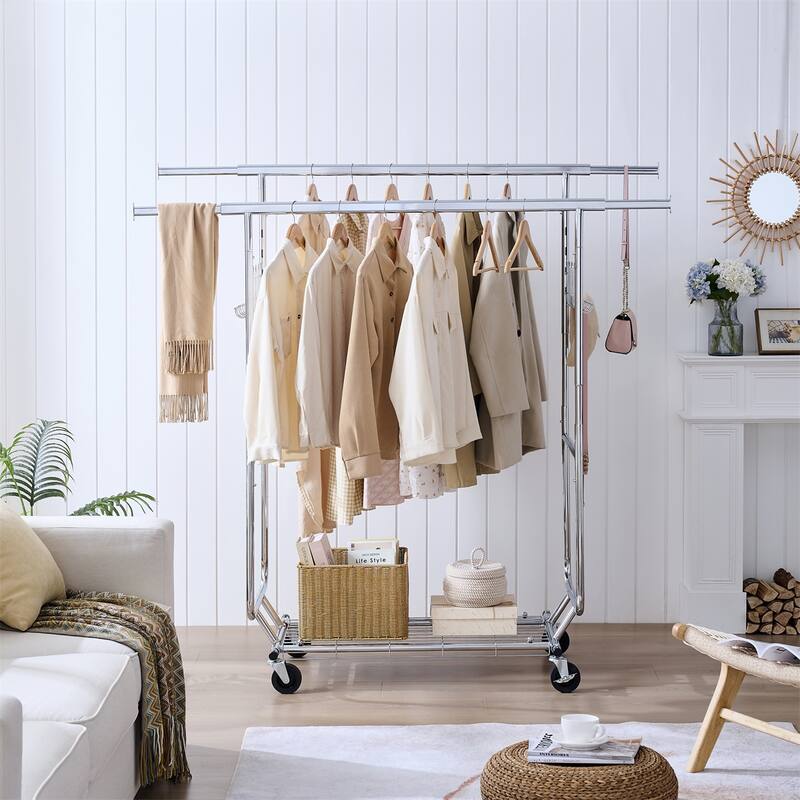 Double Clothing Garment Rack with Shelves, Wheels Rolling