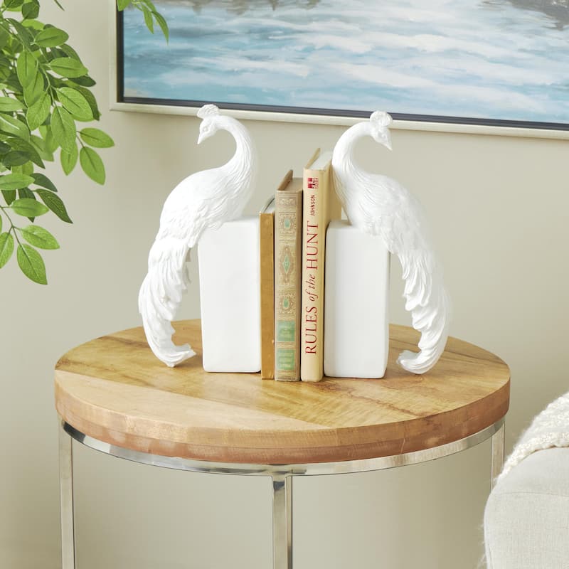 Resin Peacock Textured Decorative Bookends with Tall Block Bases - Set of 2 White - Roche River Decor