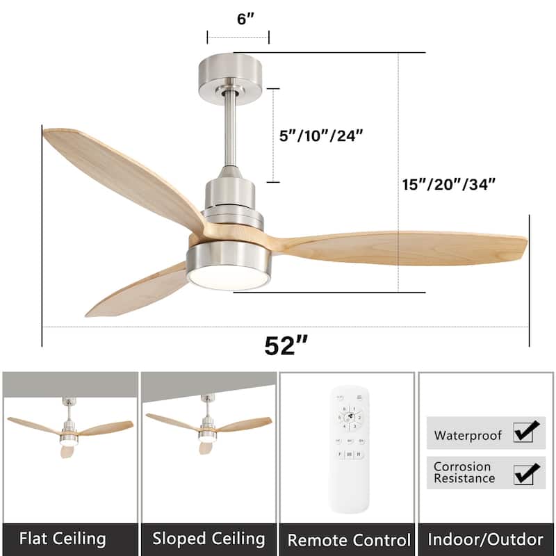 52 Inch Modern Ceiling Fan with Light and Remote,3 Light Color Options