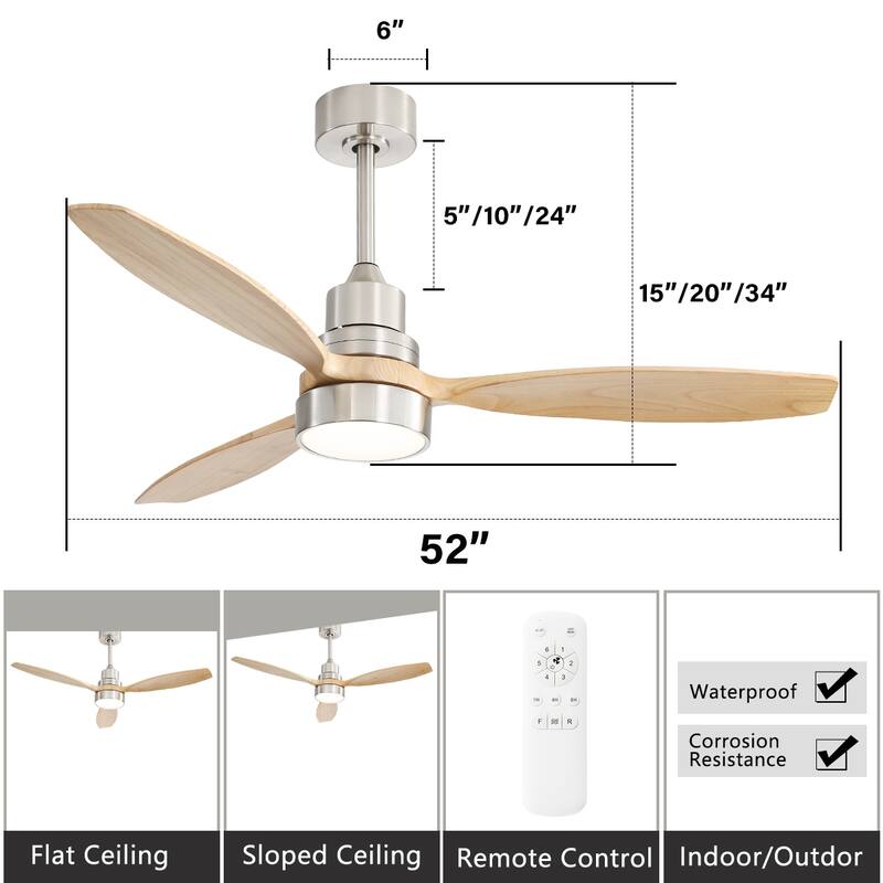 52 inch Wood Ceiling Fan with Light and Remote, Dimmable LED and Reversible DC Motor