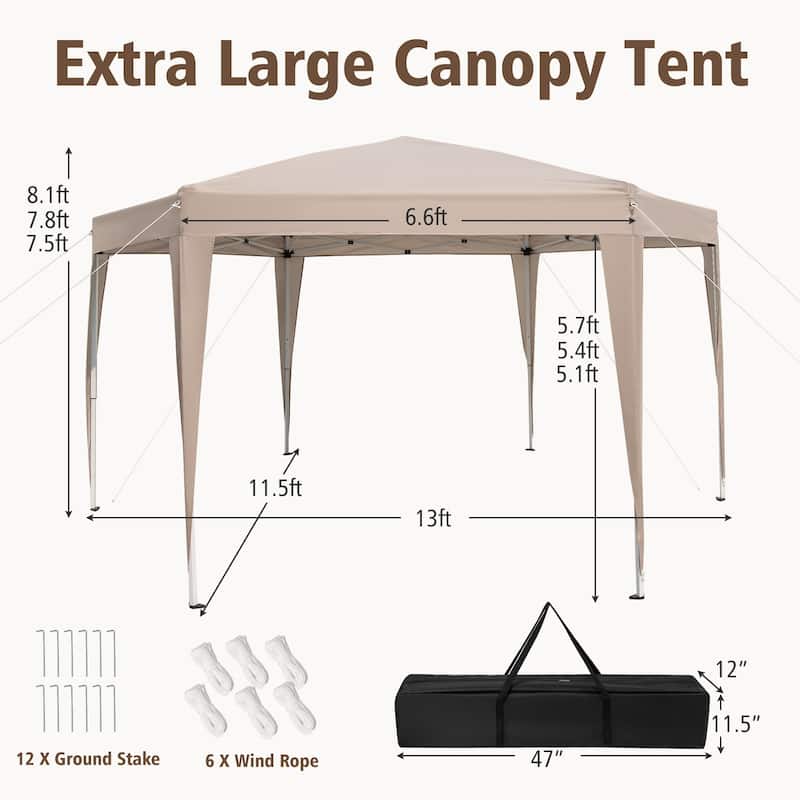 13 x 11.5 Ft Hexagonal Outdoor Event Canopy with Adjustable Height and Silver Coated Top Wind Ropes - 13' x 11.5' x 7.5'
