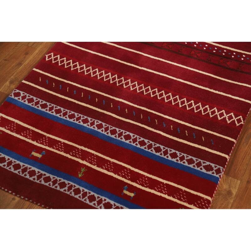 Tribal Red Gabbeh Indian Runner Rug Handmade Wool Carpet - 2'7" x 7'8"
