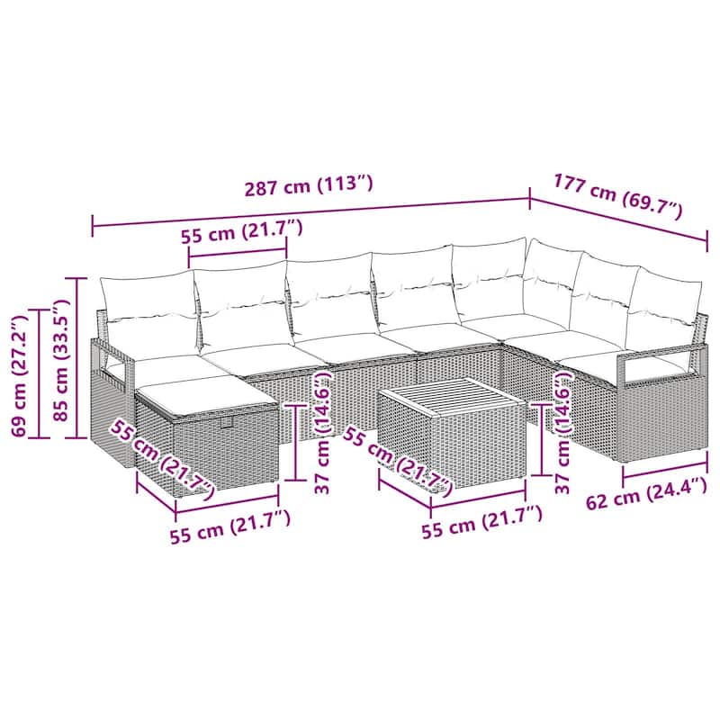 vidaXL 9 Garden Sofa Set with Cushions Black/Grey Poly Rattan - 113 x 69.7 x 27.2