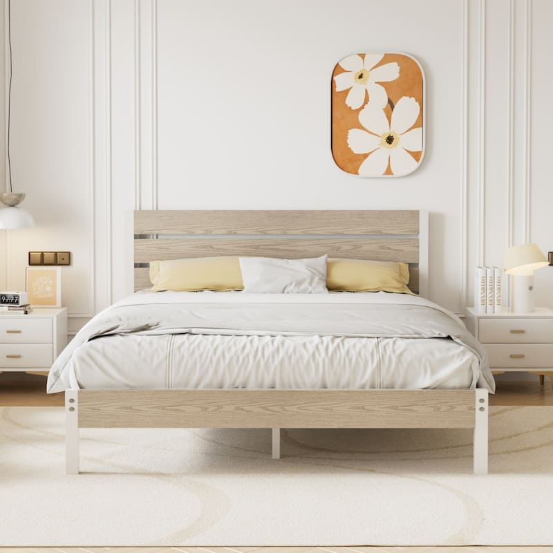 VECELO Industrial Wood Bed Frame with Headboard, Twin Size Beds/Full Size Beds/Queen Size Beds - Oak - Queen
