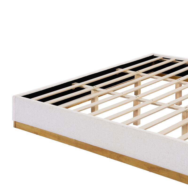 Beige Platform Bed Frame Stripe Linen Thick Upholstered Headboard Footboard, Solid Wooden Base Frame