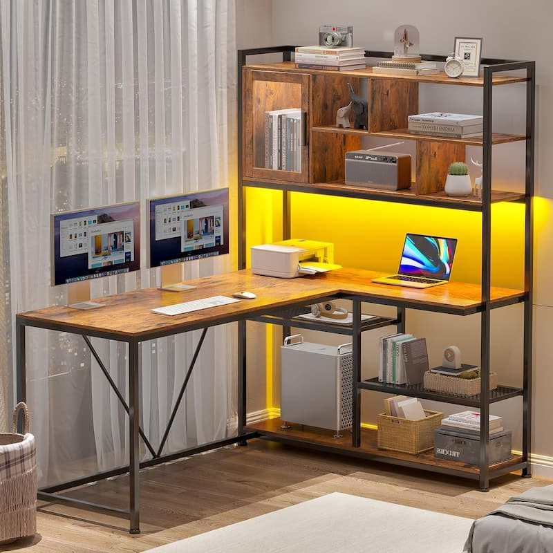 L Shaped Computer Gaming Corner Desk LED Light Storage Bookshelf
