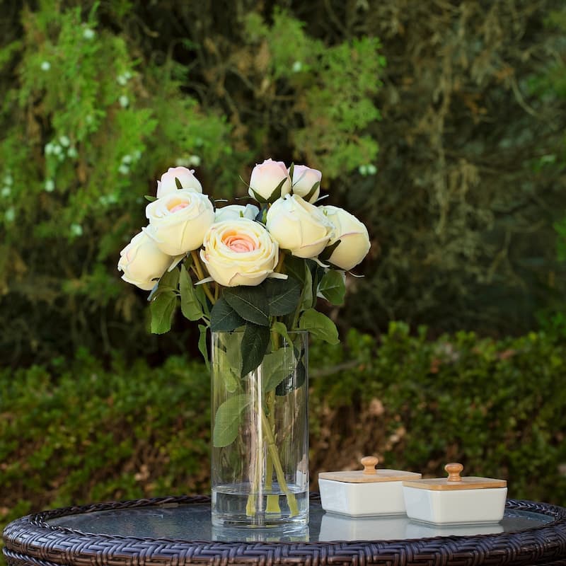 Enova Home Artificial Silk Rose Flowers in Clear Glass Vase with Faux Water for Home Office Wedding Decoration - N/A