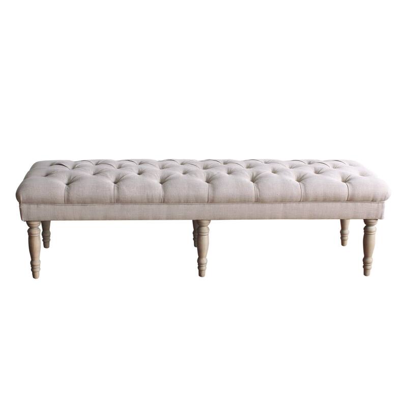 Wooden Bench with Button Tufted Fabric Upholstered Seat and Turned Legs, Cream