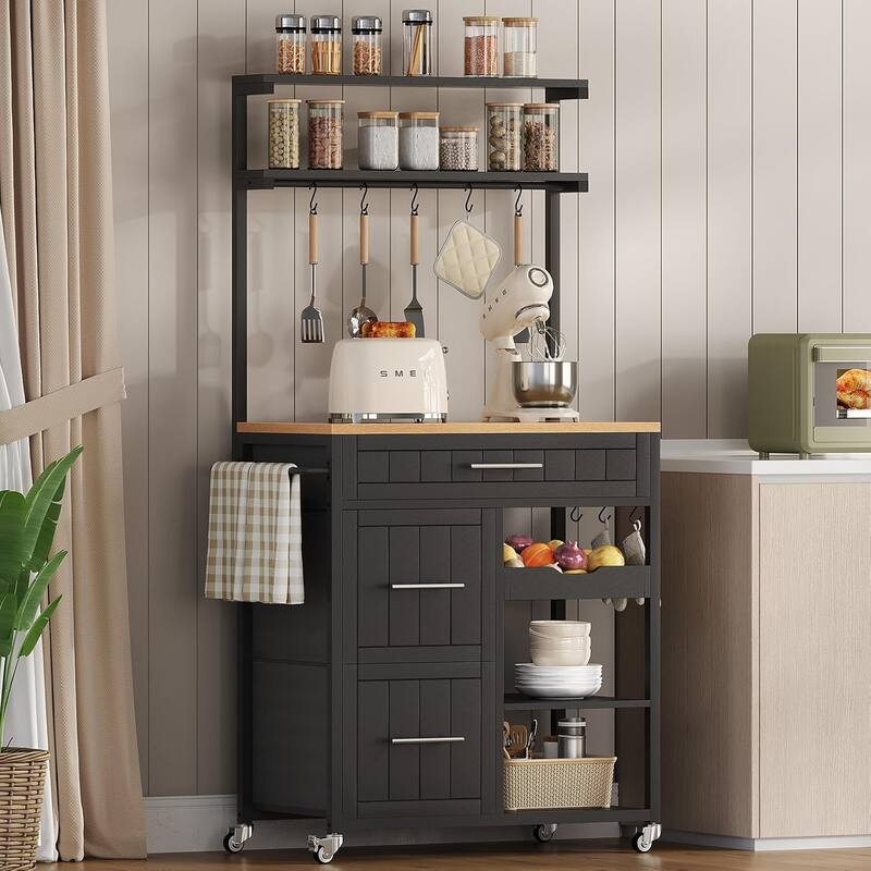 Mobile Kitchen Island Storage Kitchen Island Cart Shelves 3 Drawers - Black