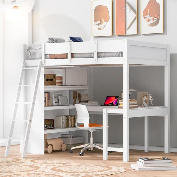 slide 2 of 35, Full Size Solid Wood Loft Bed with Desk and Shelf for Kids White