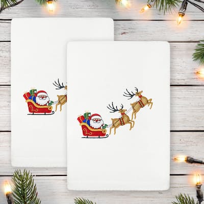 Authentic Hotel and Spa Christmas SANTA'S SLED Embroidered Luxury 100% Turkish Cotton Hand Towels Set of 2
