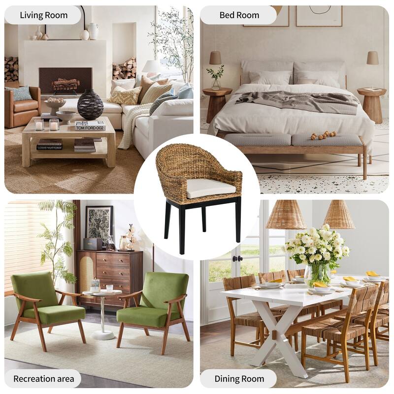 Boho Natural Rattan Backrest With Upholstered Armchair