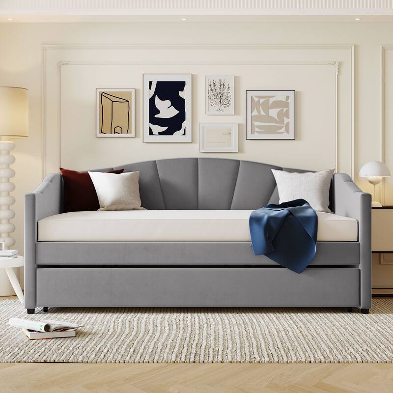 Upholstered Twin Size Daybed with Trundle, Solid Wood Kids Daybed Frame Velvet Sofa Bed for Bedroom Living Room Guest Room