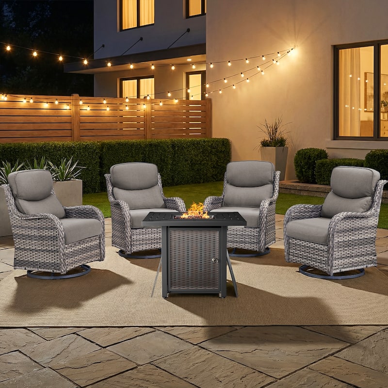 Pocassy 30 In Outdoor Fire Pits with Patio Swivel Glider Chari Set. - Gray Wicker Gray Cushion - 5-Piece Swivel Chair w/ Fie Pit Table