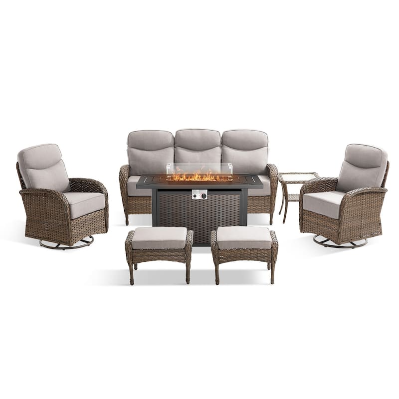 Pocassy Outdoor Sofa Swivel Chair and Ottman with 43in Fire Pit Table