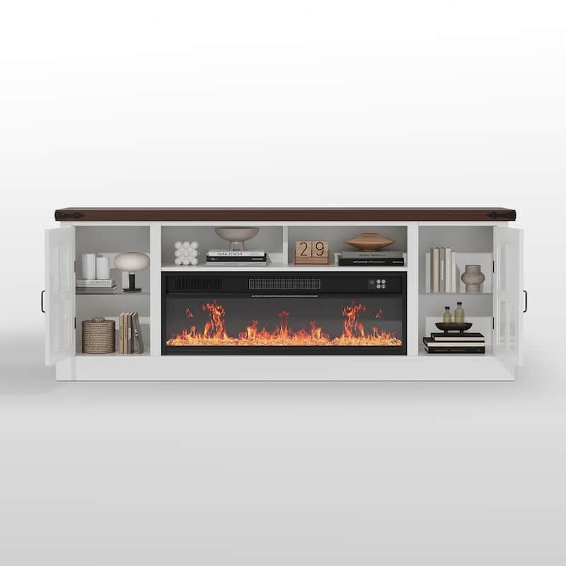 Meyreso 70.8" Vintage Fireplace TV Stand with 36" Electric Insert, Arched Glass Doors & LED Lighting