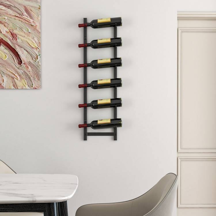 Black Engineered Wood Metal Wall-Mounted Wine Rack 6-Bottle Holder - 8.5" x 5.5" x 29"