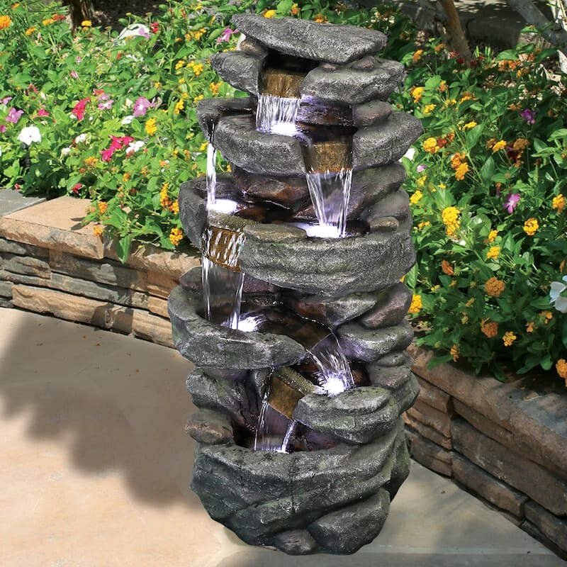 6-Tier Outdoor Water Fountain w/Lights Waterfall Fountain for Patio