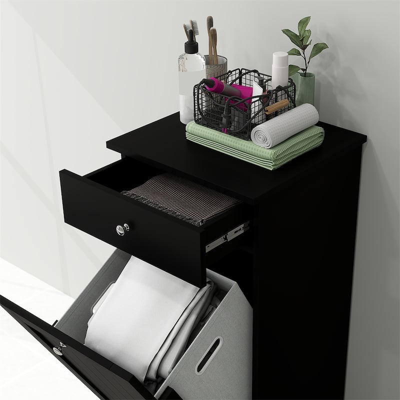 Black Laundry Hamper Cabinet with Tilt Out Hamper Drawer and Foldable Bag MDF for Bathroom Bedroom - 15.7" W x 15" D x 35.4" H