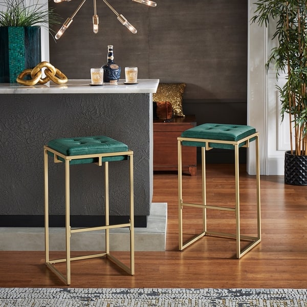 Perdita Gold Finish Velvet Button Tufted Bar Stools (Set of 2) by