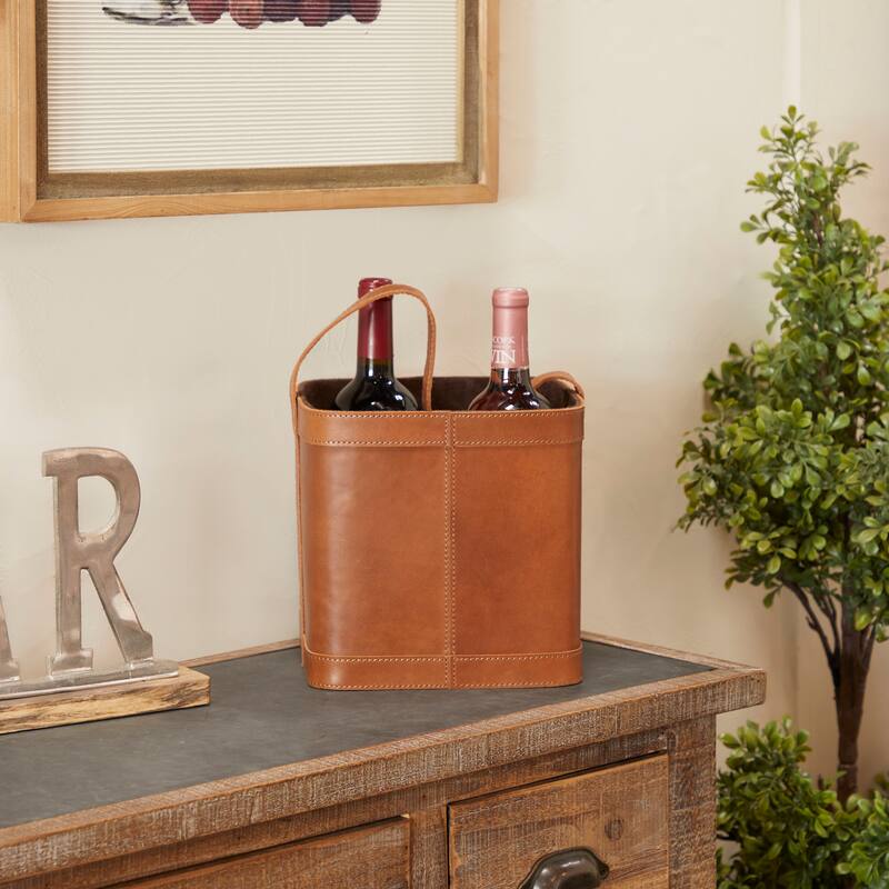 Sleek Leather 4-Bottle Wine Holder with Carrying Handle - Dark Blue, Brown, Red