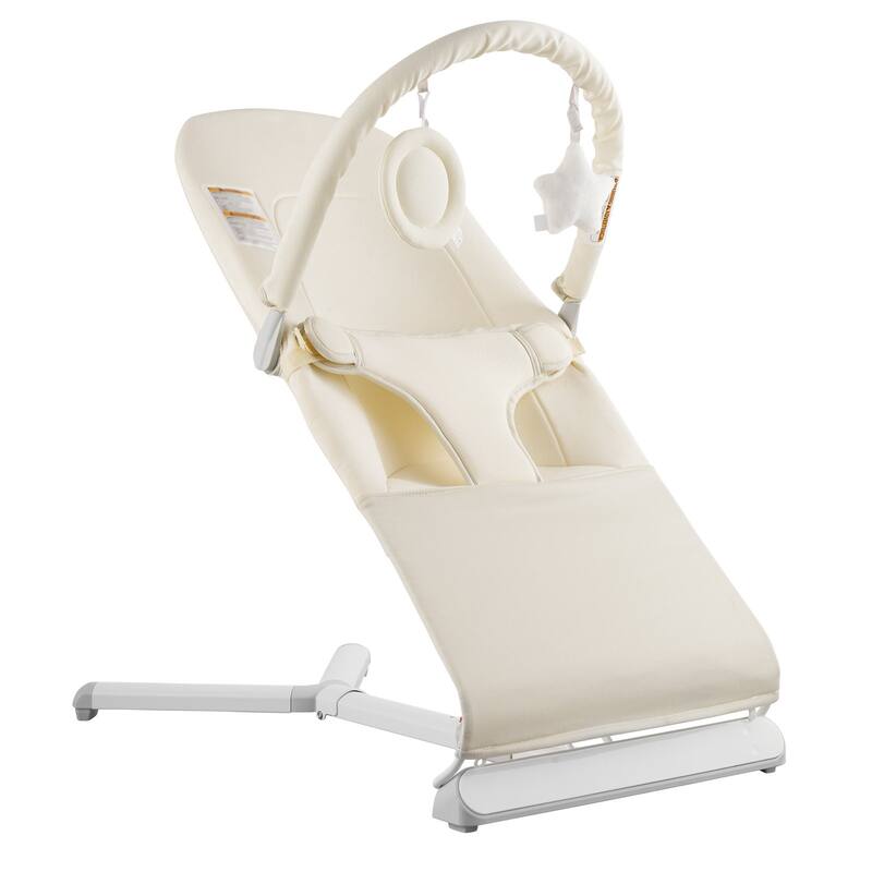 Beige Portable Baby Bouncer Chair with 2 Recline Positions and Foldable Rocker Seat with Toy Bar - 27” L x 16.1” W x 23.6” H