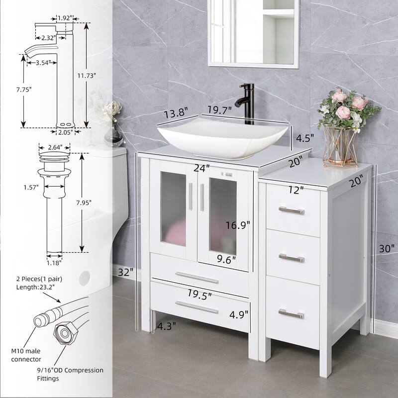 36" White Bathroom Vanity Sink Set with Side Cabinet Vessel Sink Faucet Combo