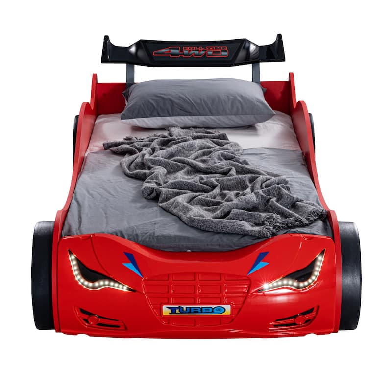 Furniture of America Rilven Modern Red Twin Race Car-Shaped Platform Bed with LED Headlights