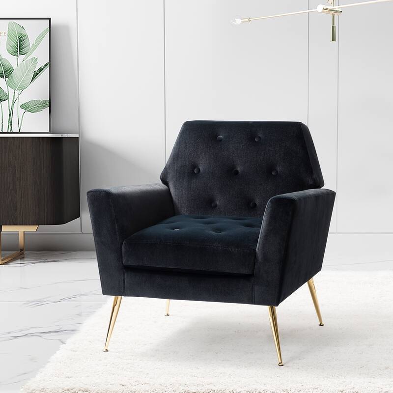 Lilia Contemporary Velvet Upholstered Tufted Back Armchair with Metal Golden legs by HULALA HOME - BLACK