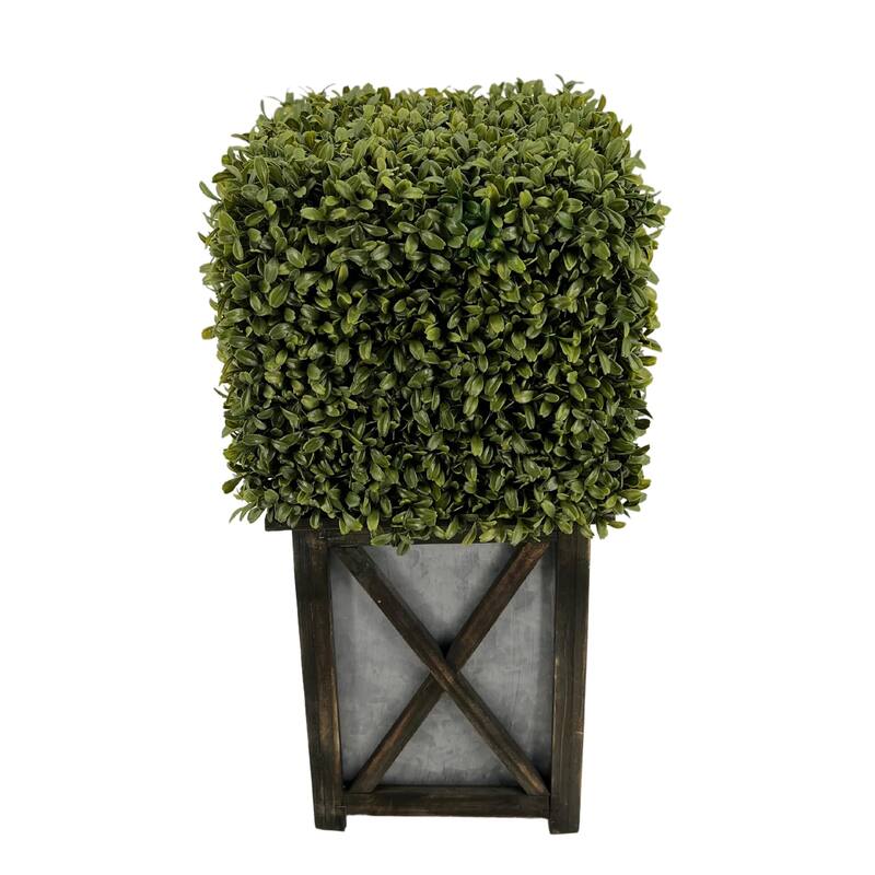 Faux Boxwood Square Topiary in Crisscross Stout Wood/ Metal