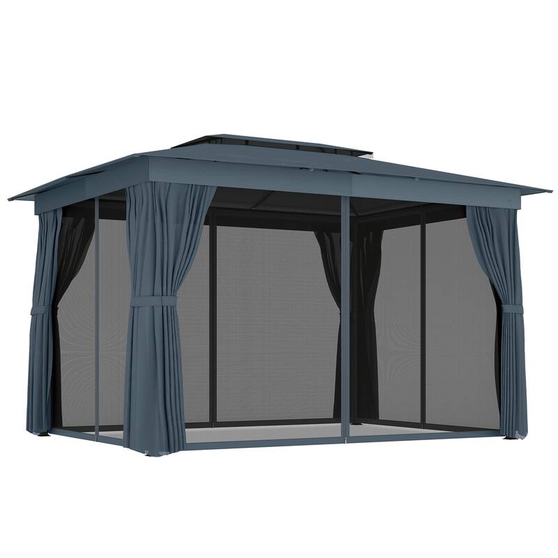 Outsunny 10' x 12' Outdoor Patio Gazebo, Soft Top Gazebo Canopy Shelter with Double Roof, Curtains, Netting, Steel Frame