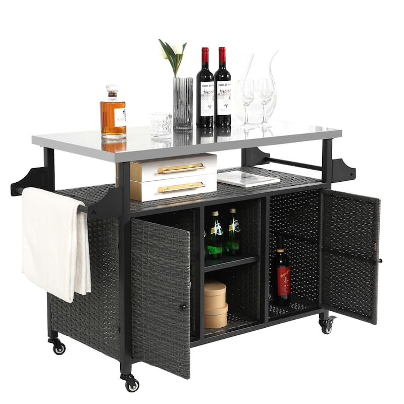 Outdoor Wicker Rolling Island w/ Stainless Steel Extended Top,Handle