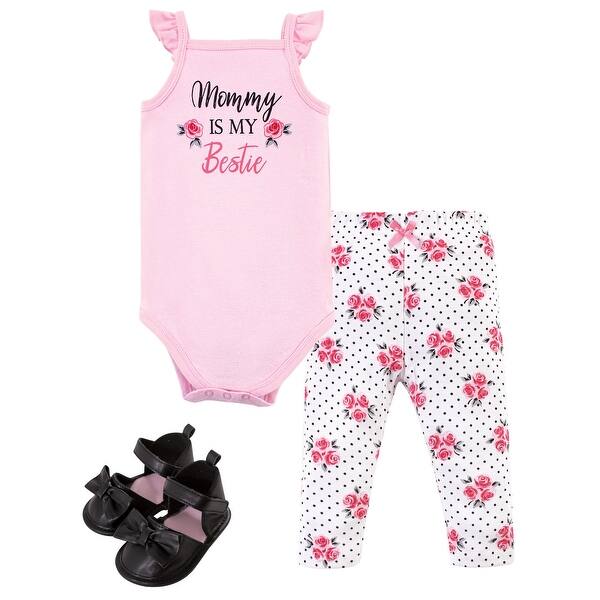 slide 1 of 1, Little Treasure Baby Girl Cotton Bodysuit, Pant and Shoe 3pc Set, Bestie 0-3 Months - Bestie