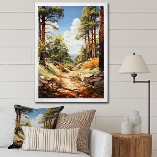 Designart "Pine Tree Sunlit Path I" Tree Pine Framed Canvas Print - Bed ...