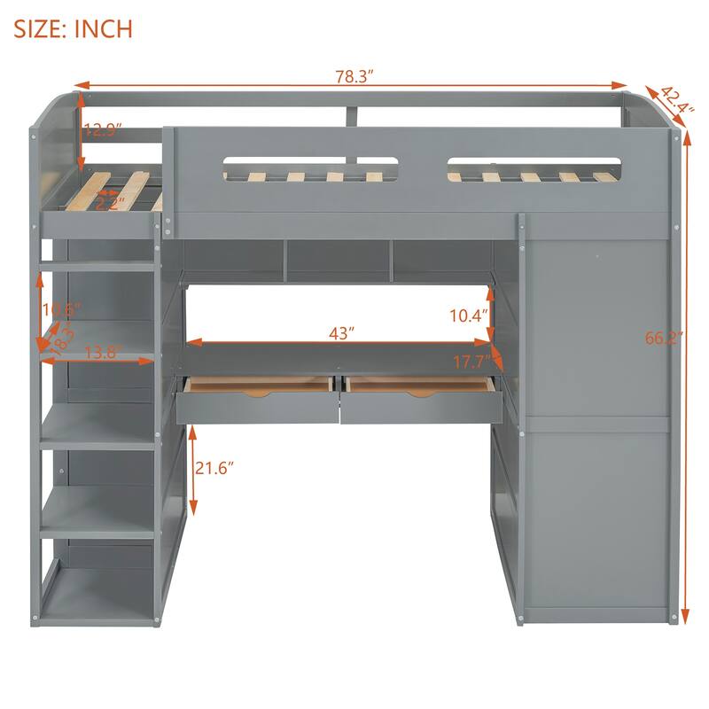 Solid Wood Loft Bed with Desk, Wardrobes, and Shelves