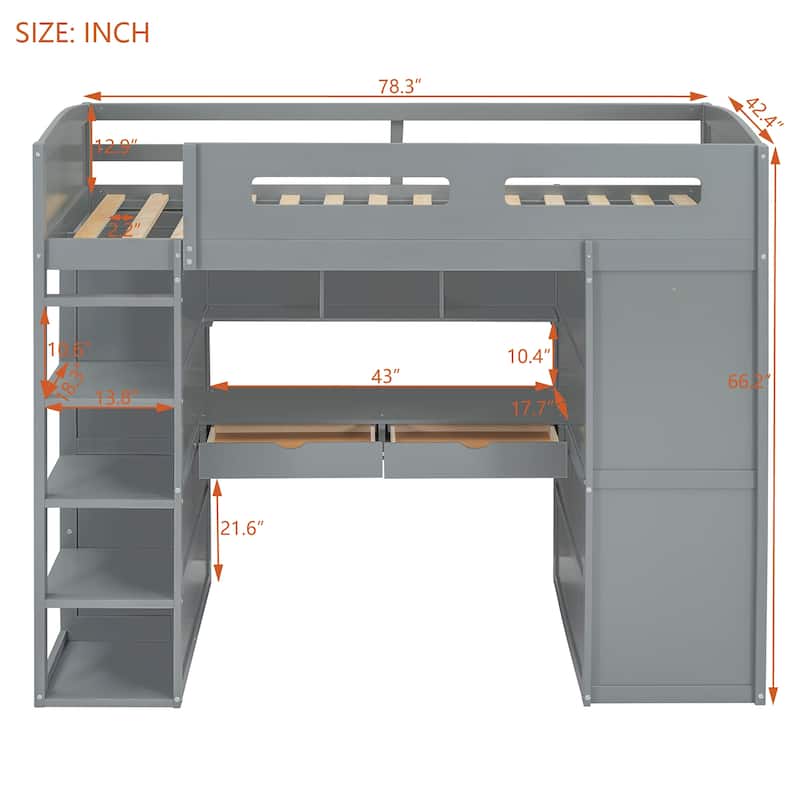 Twin Size Solid Wood Loft Bed with Desk, Wardrobes, 4 Drawers and 4 Shelves for Kids, Bedroom