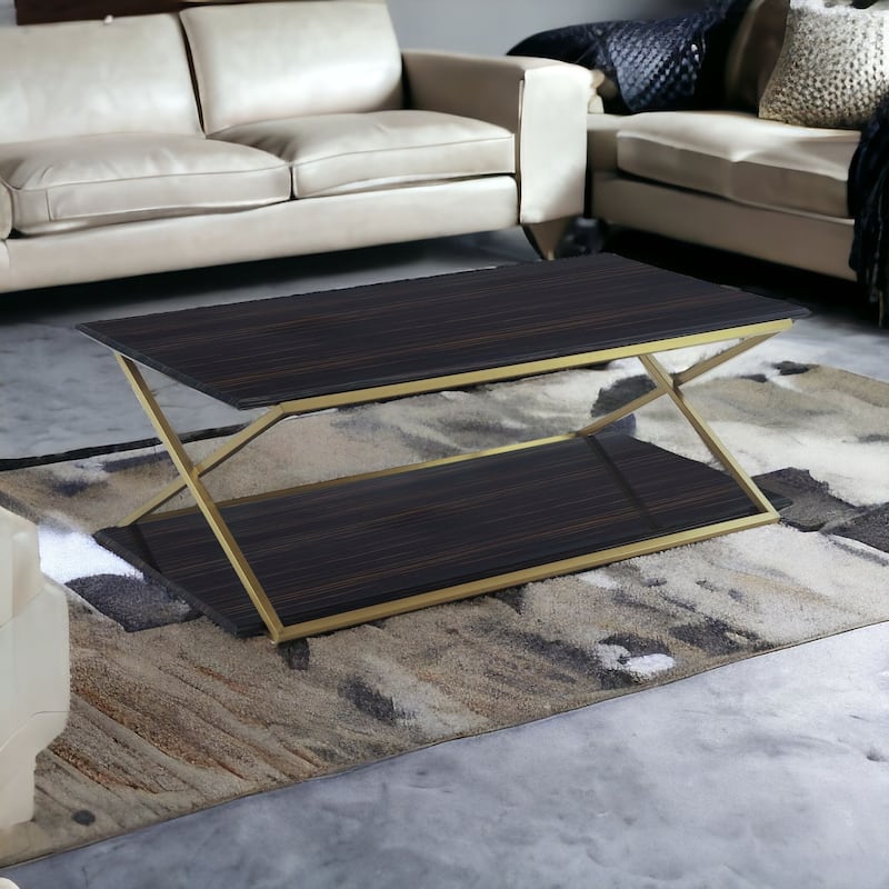 HomeRoots 51" Dark Brown And Gold Metal Coffee Table With Shelf - 51