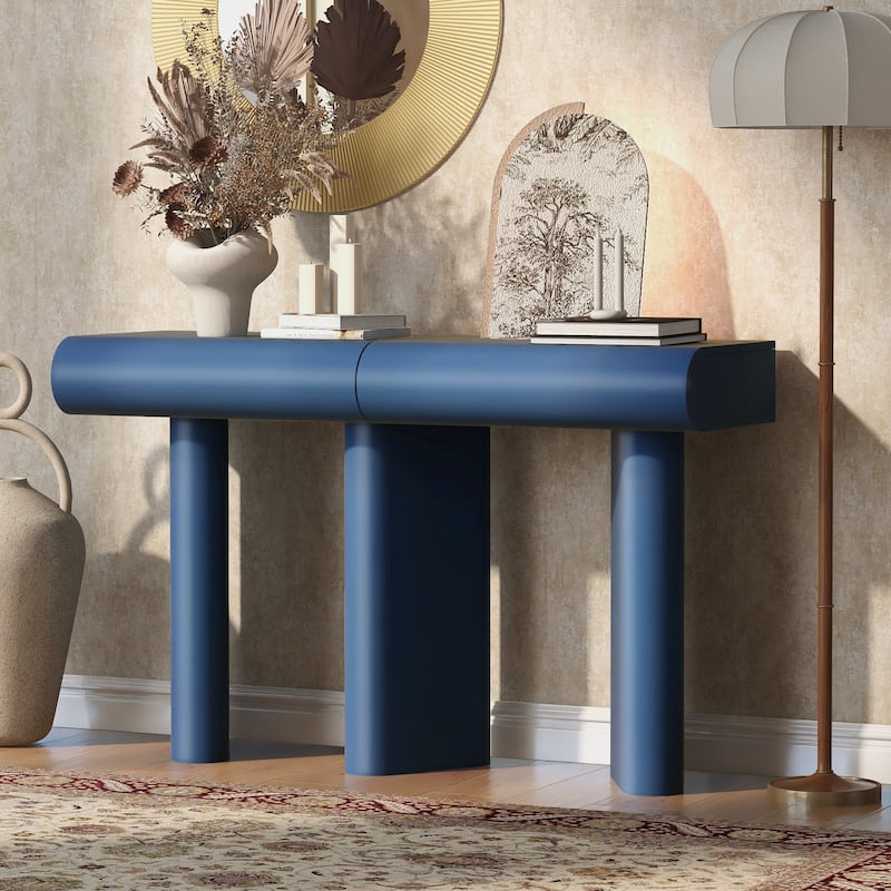 Roomfitters 47.6" Modern Entryway Table, Narrow Console with Curved Drawers and Geometric Legs, Hallway Sofa Accent Table - Navy Blue