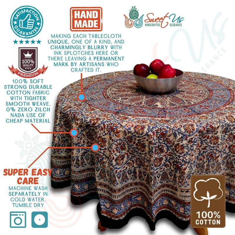Rustic Soft Paisley Floral Block Print Cotton Tablecloth Collection