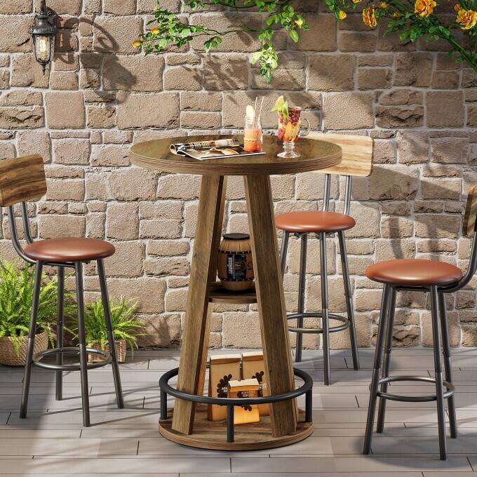 Rustic Wooden High Pub Table, Round Counter Height Bar Table