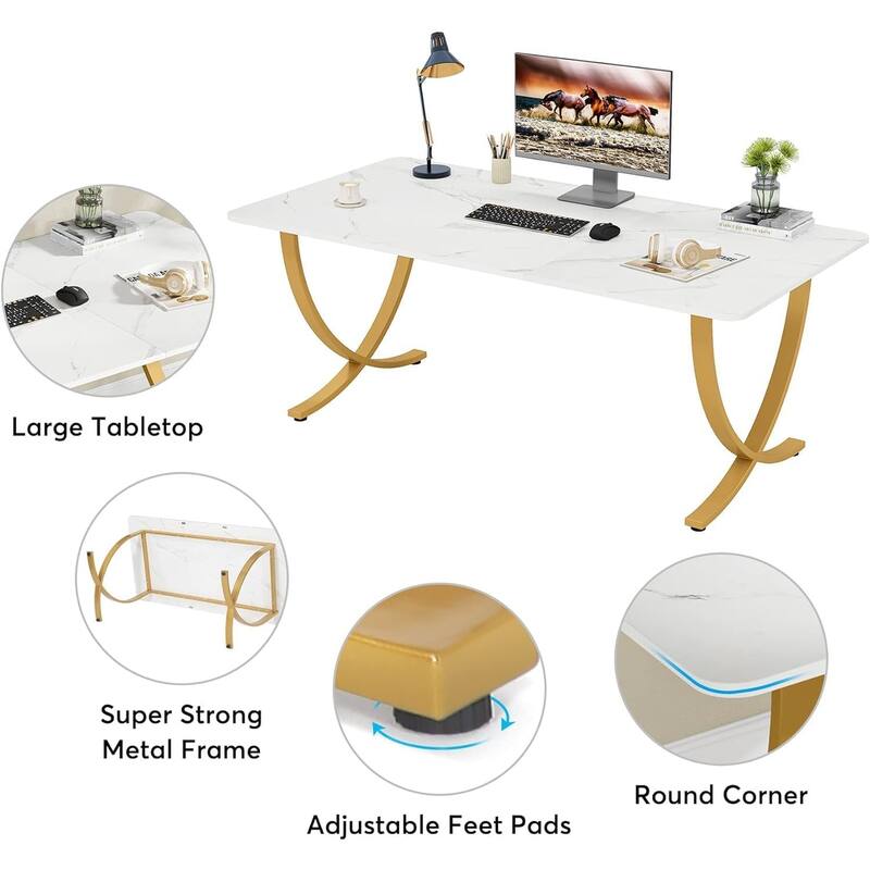 63" Executive Office Desk Modern White & Gold Computer Desk with Faux Marble Tabletop