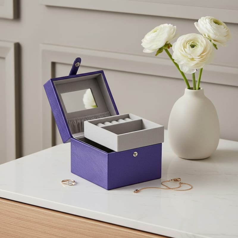 4" Azure Faux Leather Five Section Jewelry Box Travel Case With Mirror - Azure